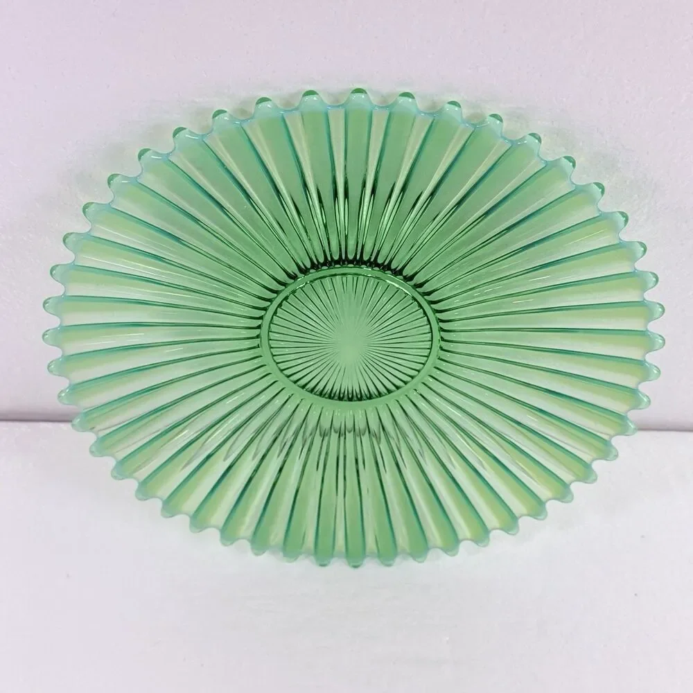 Vintage Green Opalescent Carnival Glass Bowl Sunburst Ribbed Spiked Beaded Edge